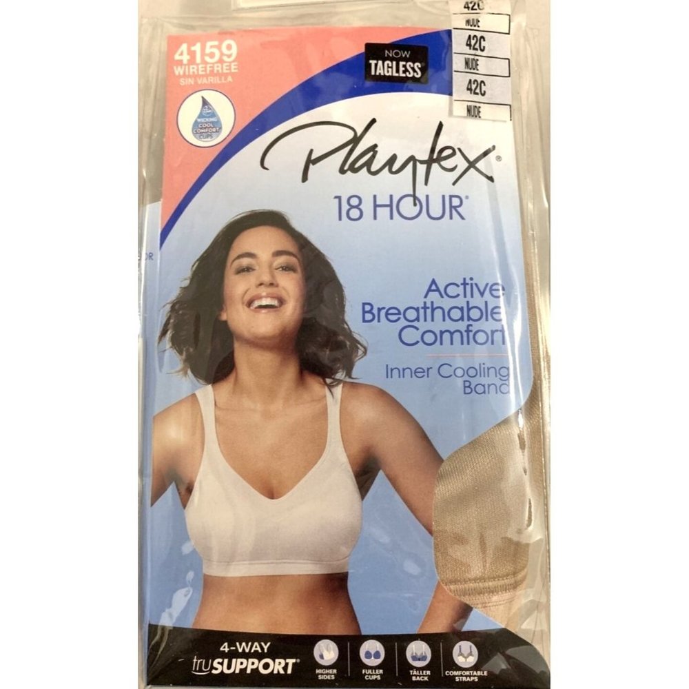Playtex 18 Hour Womens Bra Size 42C Nude Wireless Cooling Band No Slip Strap